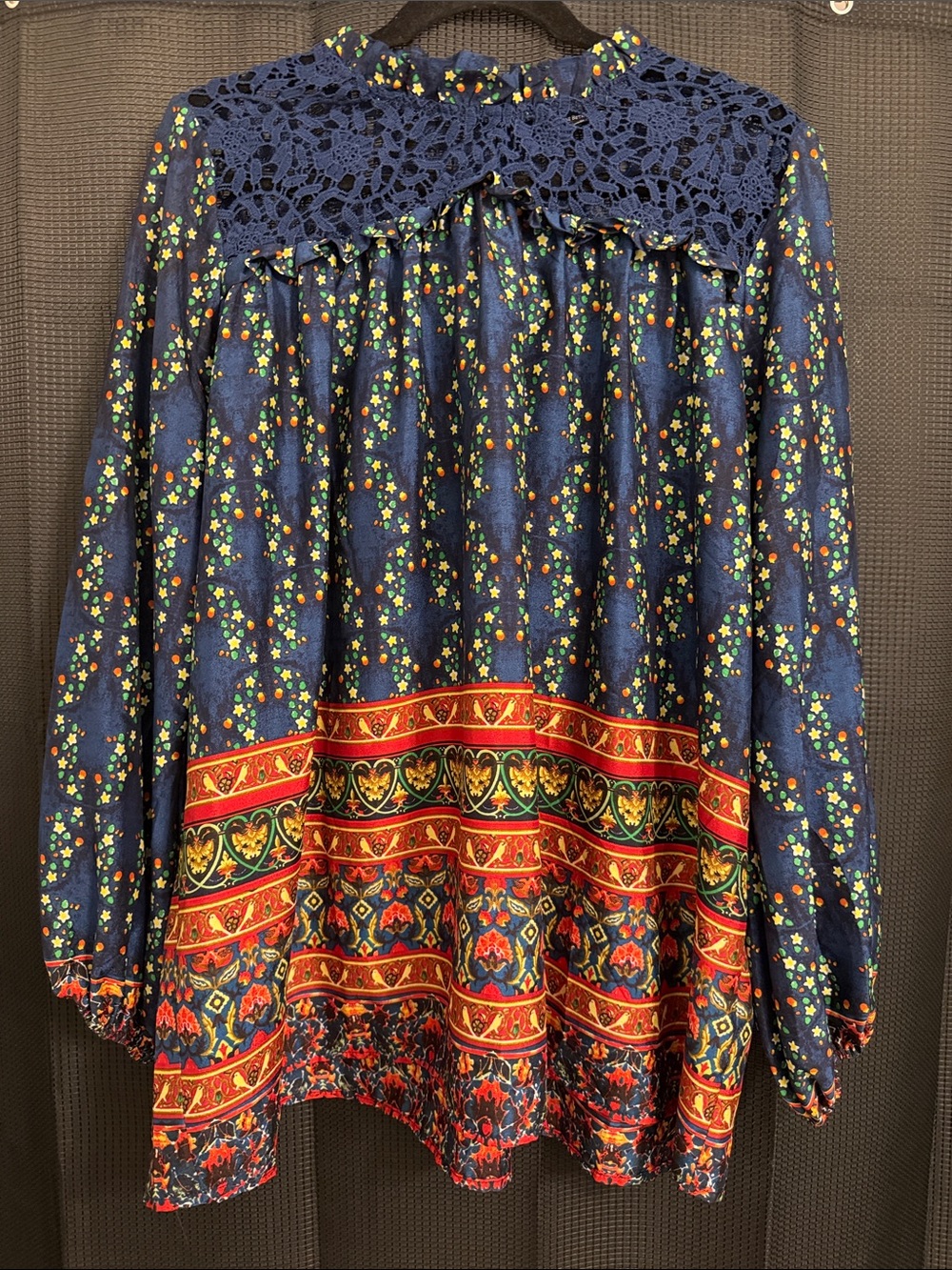 Suzanne Betro Boho Floral Border Navy Cotton Skirt with Lace Yoke Sz L